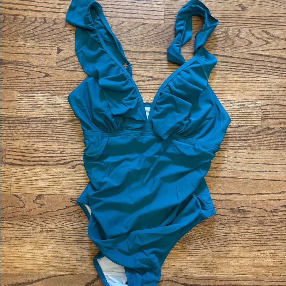 Teal Ruffled Maternity One Piece Swimsuit